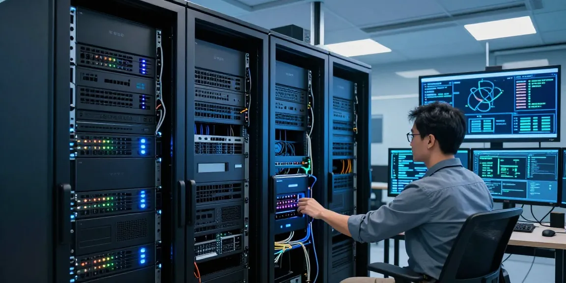 Advanced VDS technology in a modern server room with technician inspecting hardware.