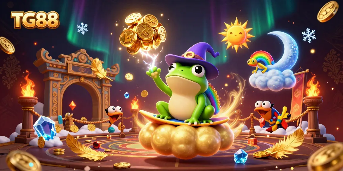 Unleash winnings with TG88's captivating online casino experience amidst golden coins and vibrant characters.