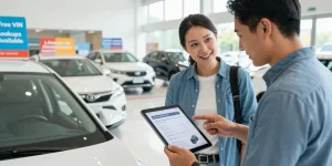 Buyer reviewing a car history report in a dealership with a salesperson.