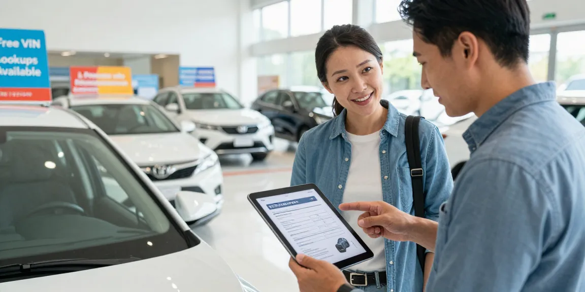 Buyer reviewing a car history report in a dealership with a salesperson.