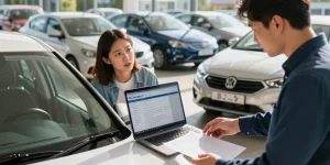 Buyer performing a reg check UK with Carpeep at a dealership.
