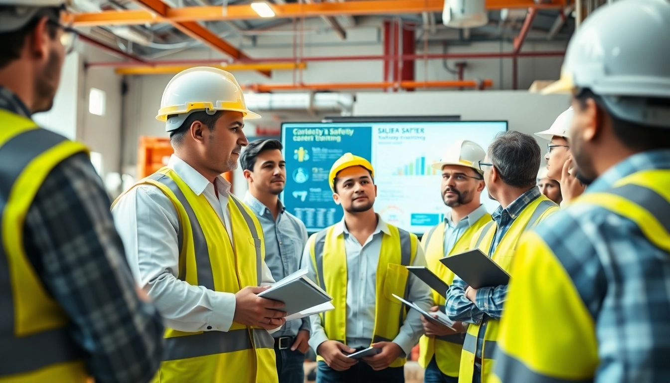 Construction safety training session with engaged workers and safety infographics in the foreground.