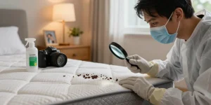 Bed bug treatment in progress as homeowner inspects mattress for signs of infestation.