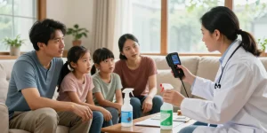 Family discussing bed bug removal with exterminator using eco-friendly treatment solutions in a welcoming home environment