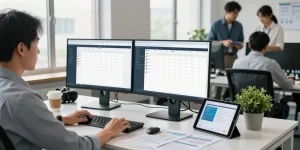 Service scheduling software displayed on dual monitors in a modern office environment, showcasing an efficient service management setup.
