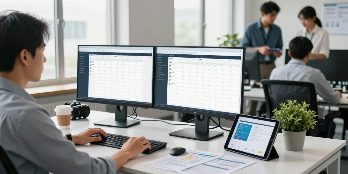 Service scheduling software displayed on dual monitors in a modern office environment, showcasing an efficient service management setup.