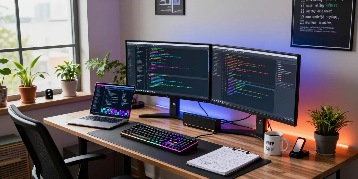 Engaged individual coding on monitors and laptops in a modern home office featuring PC setup.
