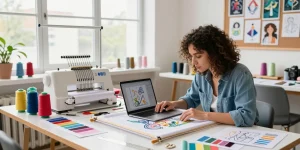 Embroidery artist using free embroidery software to create unique designs in a bright workshop.