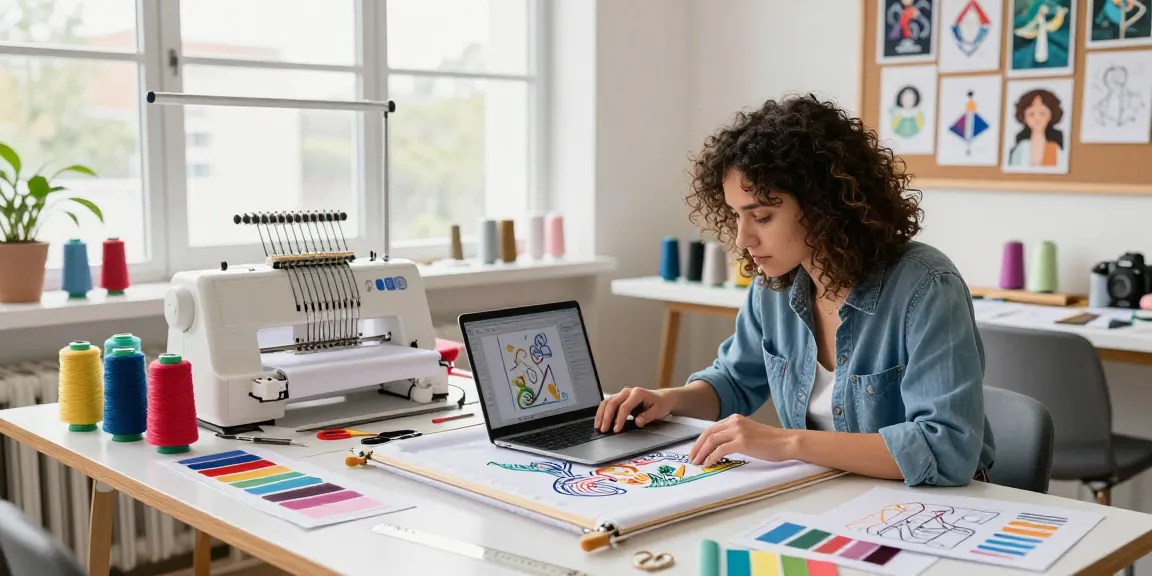 Embroidery artist using free embroidery software to create unique designs in a bright workshop.
