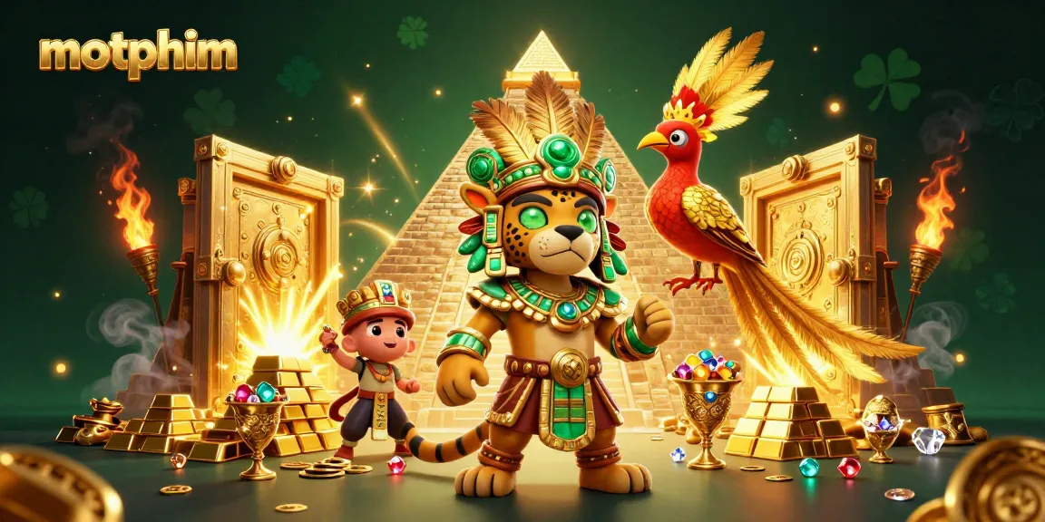 Engage with motphim casino excitement through a vibrant 3D illustration showcasing a Mayan jaguar priest.