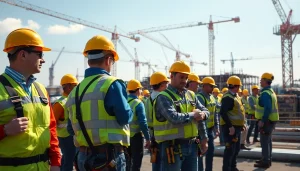 Enhancing construction site safety with vigilant workers and proper gear on site.