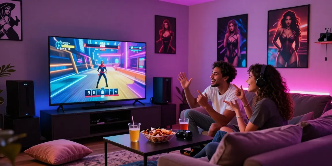 Couple enjoying nsfw games in a cozy lounge with playful atmosphere and vibrant lighting.