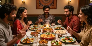 Best Indian restaurant Sunnyvale CA with friends enjoying flavorful Indian dishes in a cozy dining atmosphere