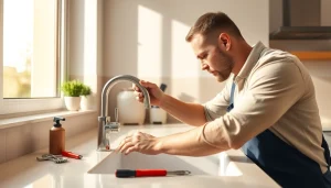 Plumber near me fixing a kitchen faucet in a bright, modern setting.