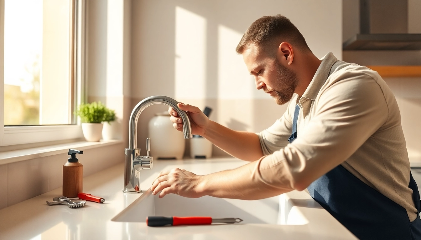 Plumber near me fixing a kitchen faucet in a bright, modern setting.