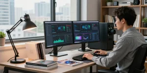 Refurbished PC in a modern tech workspace with dual monitors and stylish desk.