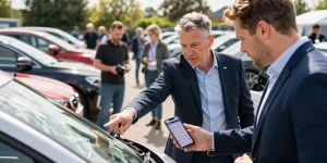 Buyer checking reg check UK report while examining a vehicle in a bustling market.