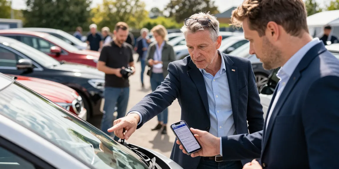 Buyer checking reg check UK report while examining a vehicle in a bustling market.