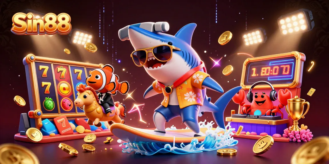 Spin to win with Sin88's vibrant 3D illustration showcasing dynamic slot gaming elements and characters!