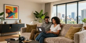 Contemporary living room showcasing a bedroom apartment for sale Westlands Nairobi, with a couple exploring listings in a bright urban setting.