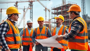 Promoting construction site safety with workers using safety gear while inspecting equipment.