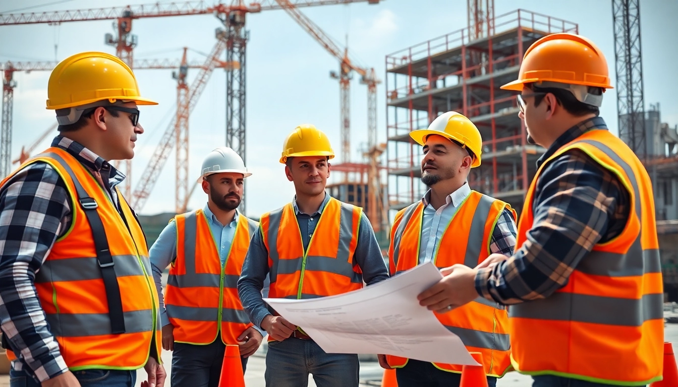 Promoting construction site safety with workers using safety gear while inspecting equipment.
