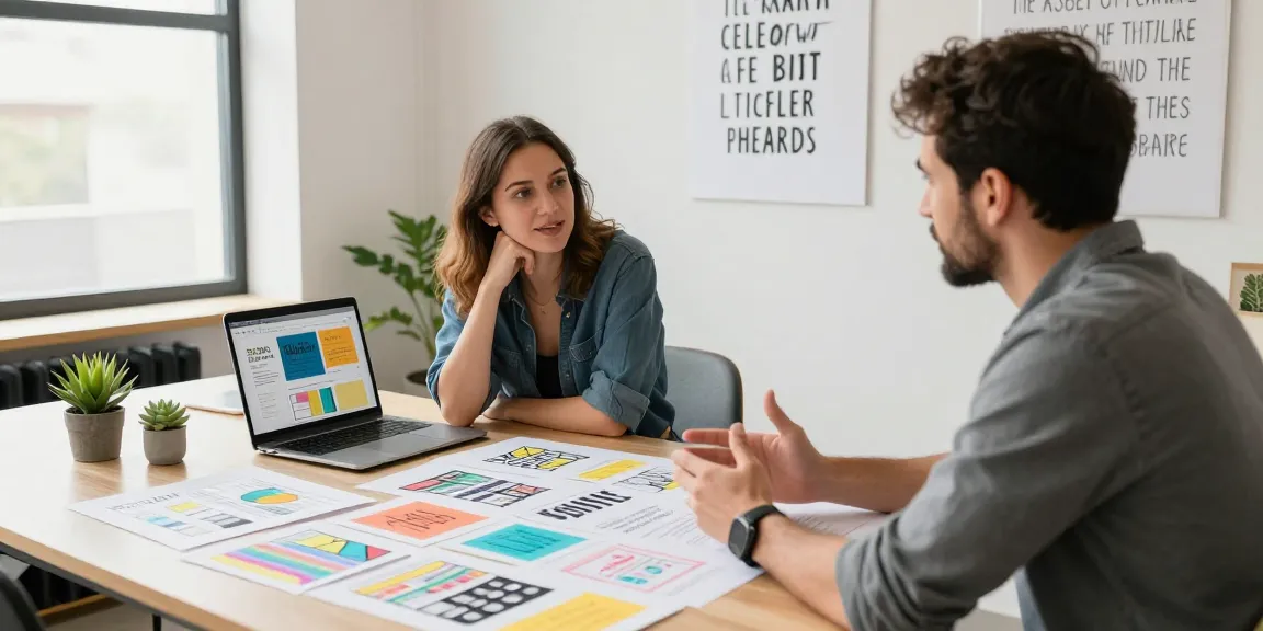 Brand sprint collaboration between branding expert and startup founder in a creative workspace with sketches and designs.