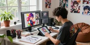 Anime artist creating stunning ai ecchi character designs in a vibrant studio.
