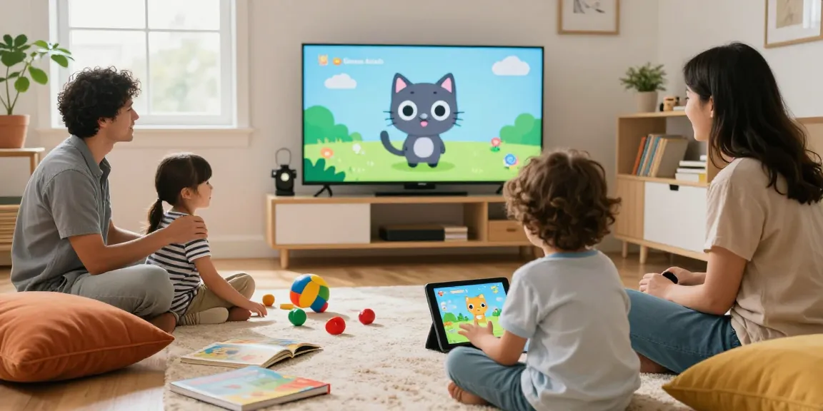 Engaging family scene showcasing edutainment activities with children learning through interactive games and videos.