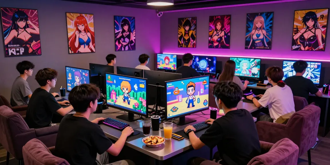 Gamers enjoying popular hentaigames in a vibrant lounge setting with neon lights.