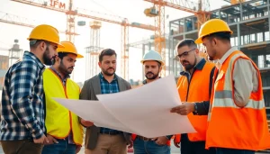 A construction association team reviews blueprints and plans on a vibrant construction site.