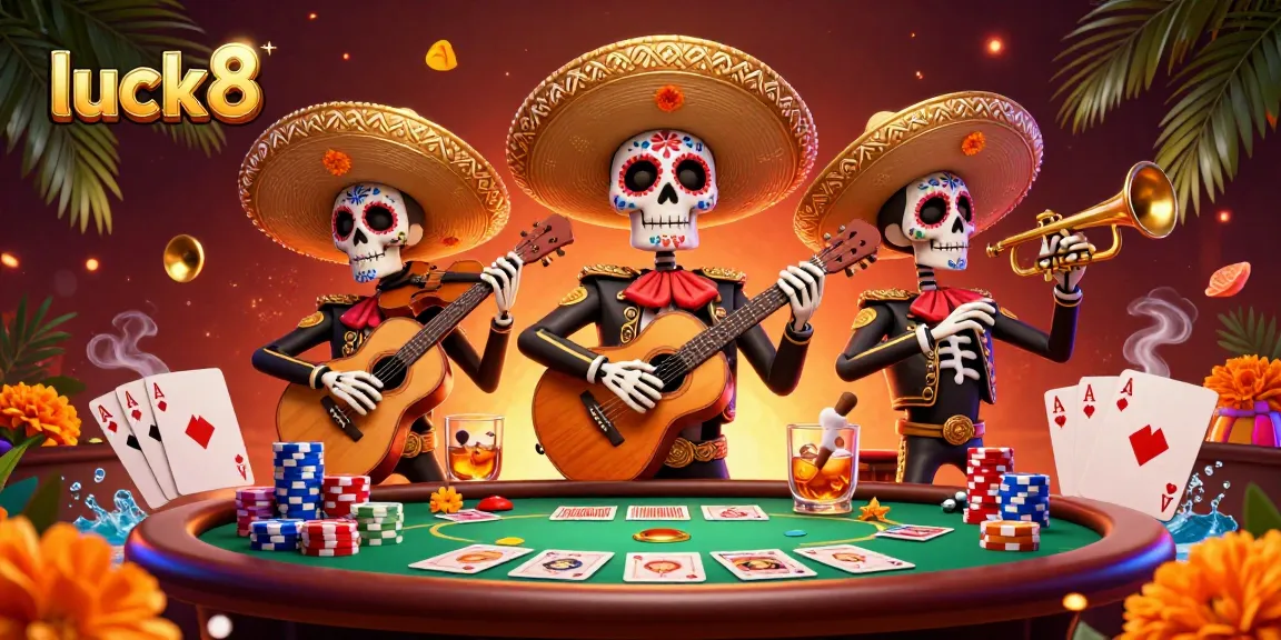 Play and win at luck8 casino with vibrant skeleton musicians and exciting gambling elements.