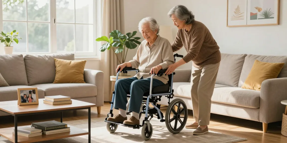 Buy nobility aids in a cozy living room with elderly couple using mobility assistance devices.