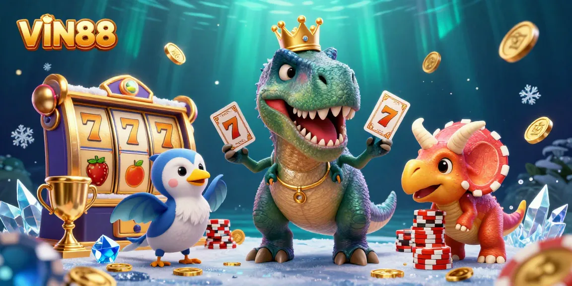 Experience the excitement of VIN88 with a vibrant 3D casino scene featuring playful characters and dynamic game elements.