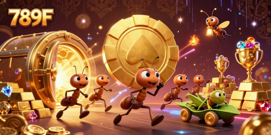 Experience the thrilling world of 789F with ants heisting a giant poker chip among casino treasures.
