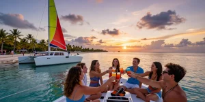 Group enjoying a yacht rental Punta Cana sunset party with catamarans in the background.