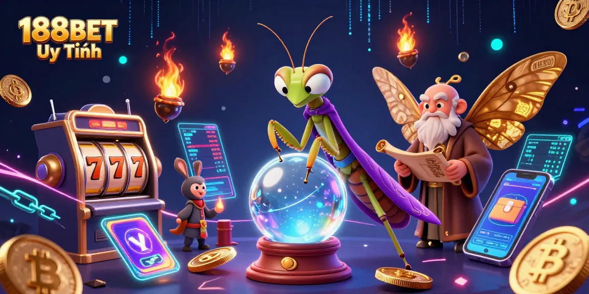 Engaging 188BET Uy Tín illustration showcasing slot machine magic with mystical characters and crypto elements.