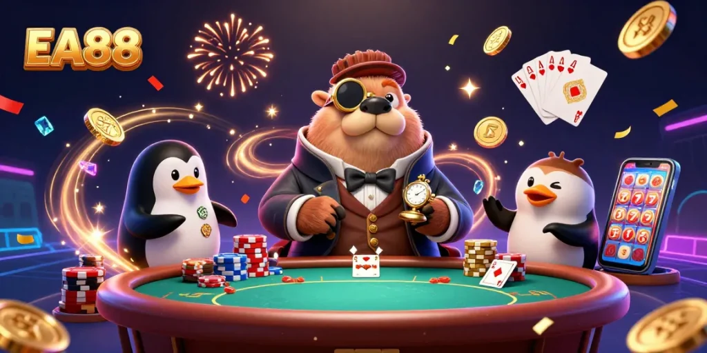 Engage with EA88's exciting underwater poker scene featuring a jolly walrus, sophisticated dealer, and dynamic gameplay.