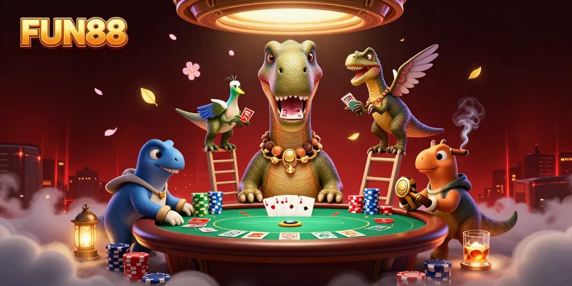 Play exciting poker with FUN88 as a dinosaur dealer and dynamic game elements surround the scene.