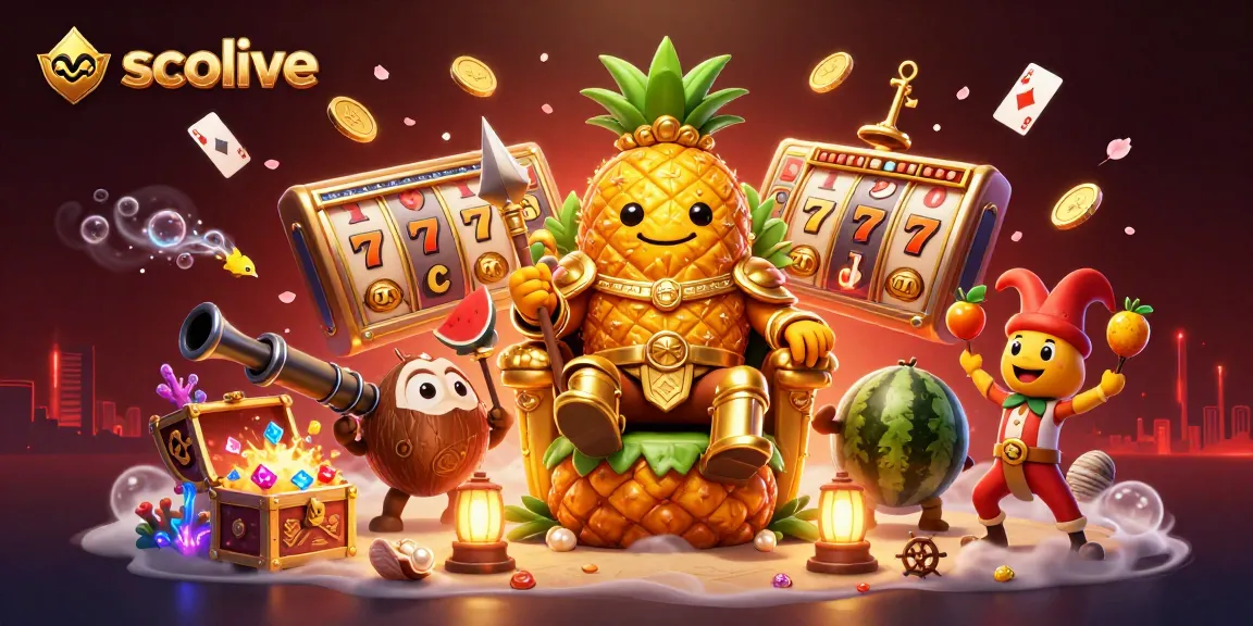 Socolive brings thrilling slot action to life with an engaging scene featuring a whimsical pineapple king and fun casino elements.