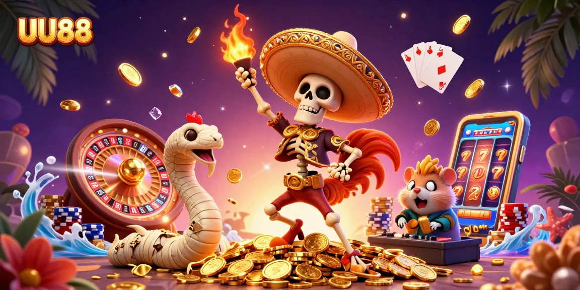 UU88 offers thrilling gameplay with jackpot slots and dynamic casino elements in a festive scene.