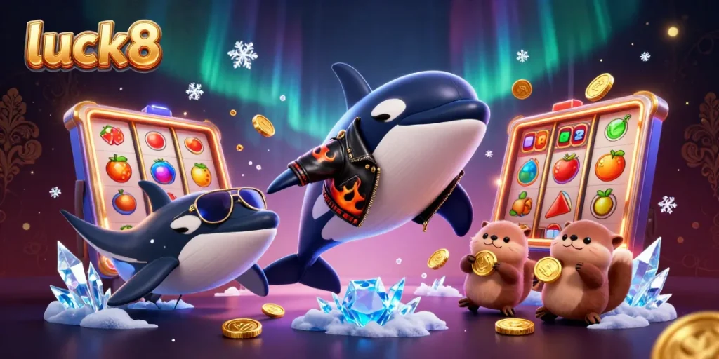 Experience excitement with luck8 as adorable sea creatures celebrate winning coins in a vibrant casino.