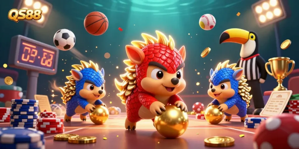 Engage with QS88 through a dynamic scene of rival pangolins bowling poker chips amidst celebratory gold confetti.