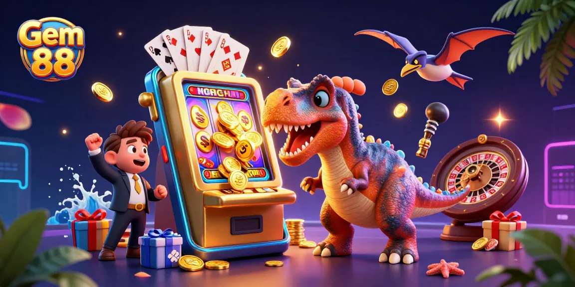 Experience the thrill of Gem 88 with a pachycephalosaurus winning jackpots amidst a vibrant casino scene.