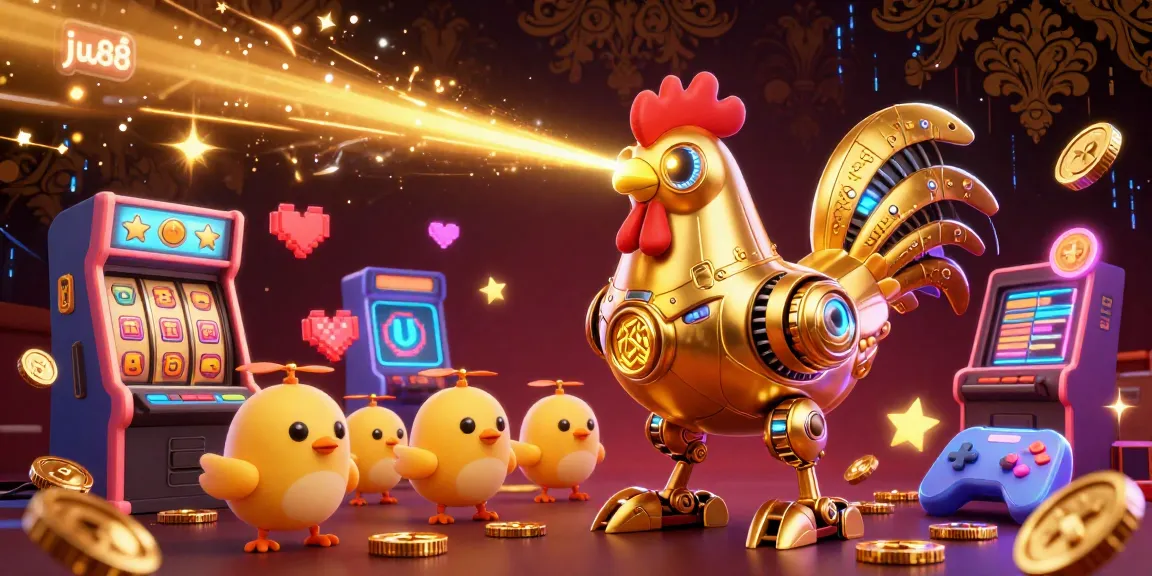 Engage with jw88’s vibrant 3D casino scene featuring a golden rooster robot and gaming machines.