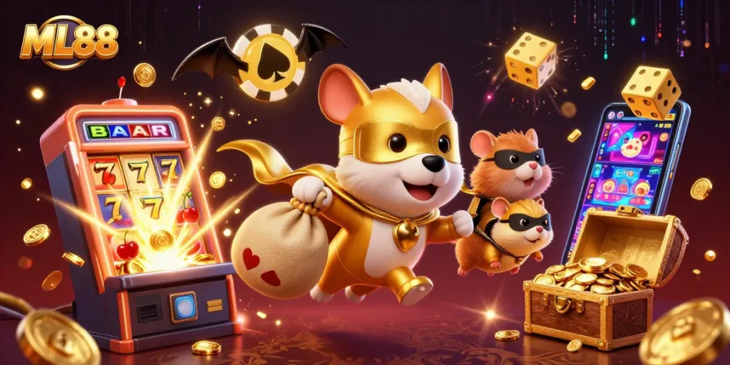 ML88 jackpot fever: a superhero dog and hamster duo celebrate casino wins amidst bursting coins and thrilling games.