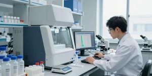 Analyzing peptides online in a modern lab, showcasing purity testing and research excellence.