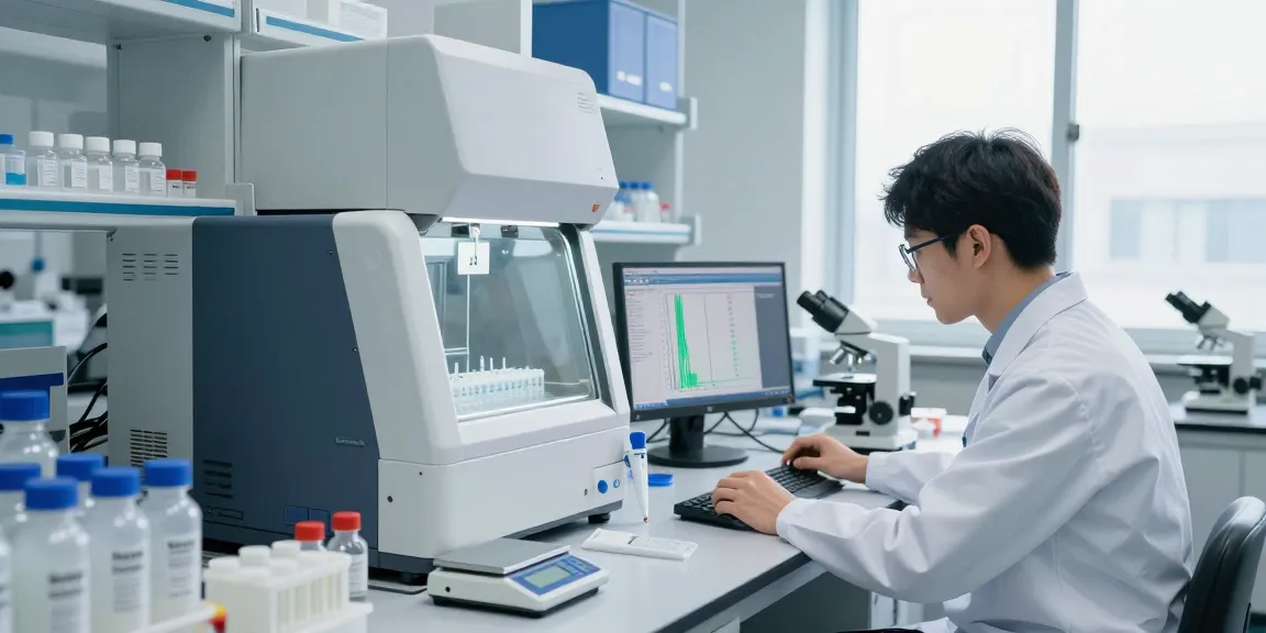 Analyzing peptides online in a modern lab, showcasing purity testing and research excellence.