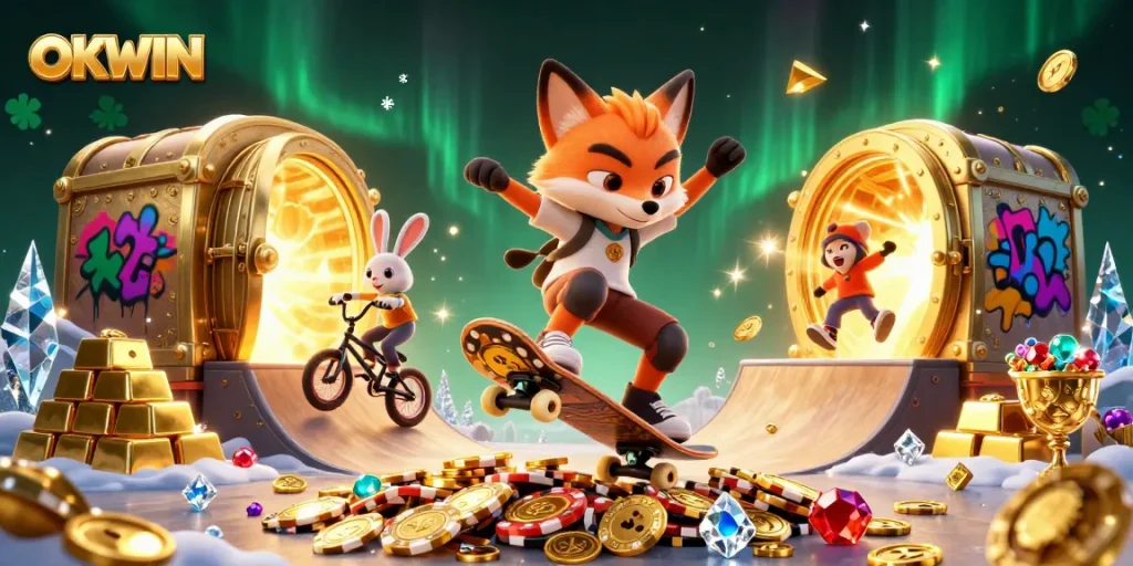 Experience thrilling moments with OKWIN as a skateboarding fox and BMX rabbit perform in a rich casino backdrop.