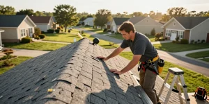 Residential Roofing inspection showcasing skilled contractor working on a reliable GAF shingle roof in a friendly neighborhood.